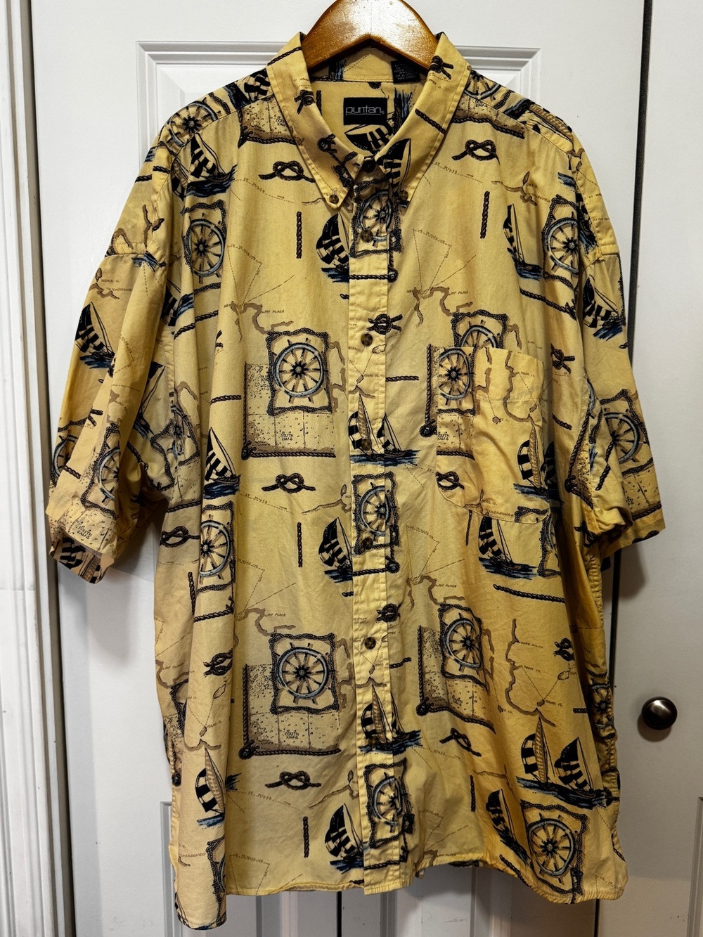 Puritan Men's 3XL Yellow Nautical Sailboat Map Print Cotton Button Down Shirt